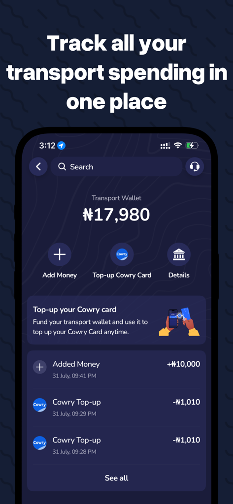 OrnaMap: Lagos Transport App - OrnaMap app interface showing transport wallet balance and Cowry Card top up options.