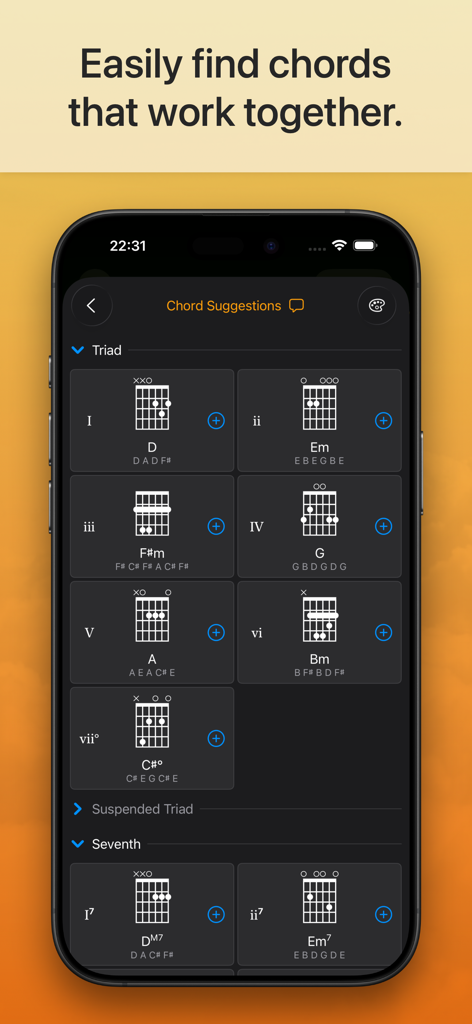 Suggester 2 : Chords & Scales - Suggester 2 Mobile App-Oberfläche mit Gitarrenakkorddiagrammen und römischer Notation