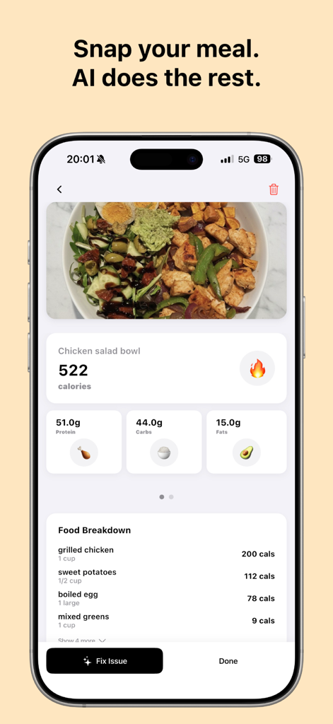 Nutri AI: Calorie Tracker - Nutri AI mobile app interface showing calorie and macro data for a chicken salad bowl.