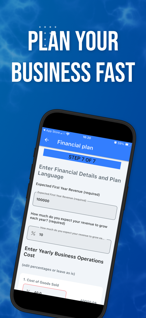 AI Business Plan Generator -KI - Interface of the Hisviz app showing the financial plan step where users input expected revenue and growth metrics.