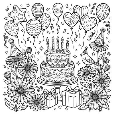Get ready to celebrate with this delightful Cape Daisies birthday coloring page, featuring a festive cake, balloons, and gifts. It's a perfect activity to add a splash of color to any birthday celebration or a fun way to relax.