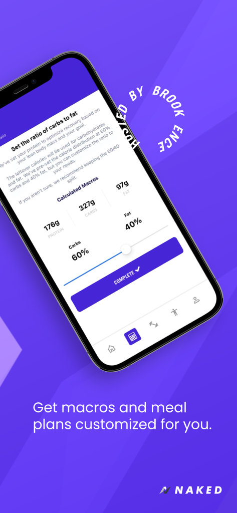 Naked Training - Interfaz de la aplicación Naked Training mostrando cálculo de macros personalizado y ajustes de proporción para proteínas, carbohidratos y grasas.