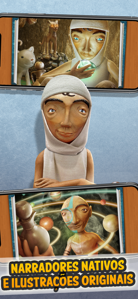 Ilustrações originais de personagens e narração nativa em português para histórias de ninar infantis