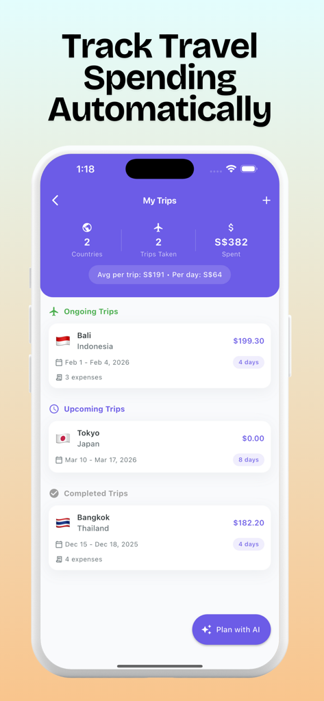 A interface do aplicativo Expense Easy exibindo rastreamento automático de gastos de viagem e planejamento de viagem.