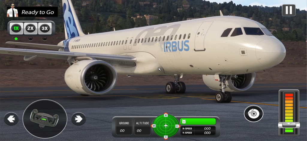 Commercial airplane on the runway with flight simulator game controls