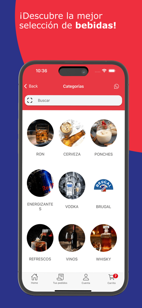 Monegro App - Interface de Monegro App affichant les catégories de boissons comme le rhum, la bière et le vin en espagnol
