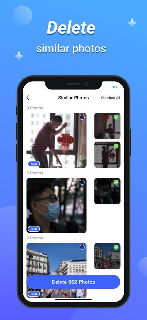 Powerful Cleaner-Clean Storage - Mobile Benutzeroberfläche der Powerful Cleaner App zur Identifizierung und Löschung ähnlicher Fotos, um Speicherplatz freizugeben