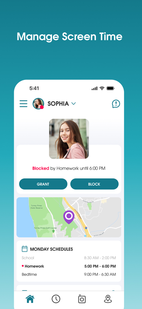 Panel de control de la aplicación OurPact para gestionar el tiempo de pantalla de los niños con horarios y seguimiento de ubicación.
