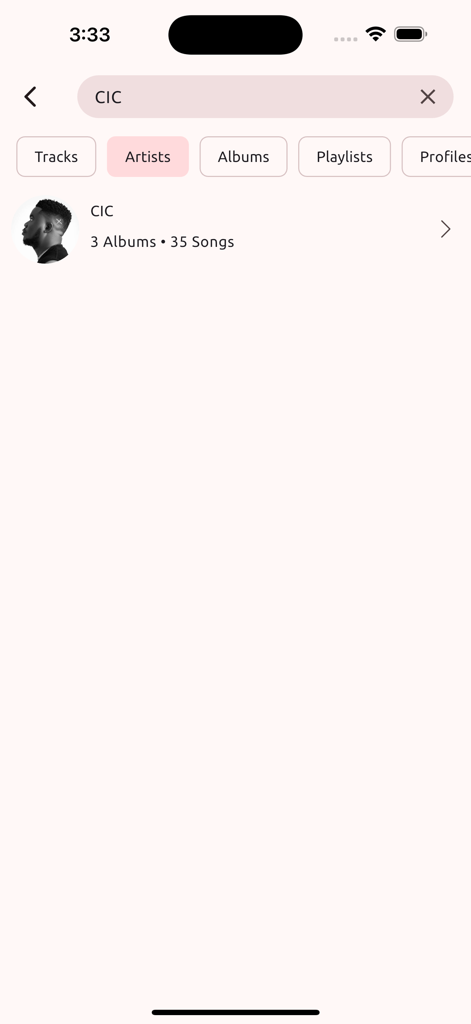 Plus Liberia - Search results for artist CIC in the Plus Liberia app showing albums and song count