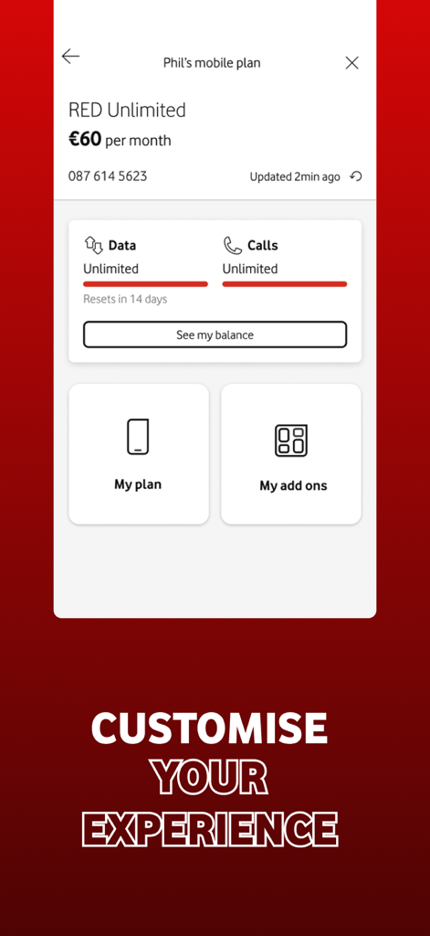 My Vodafone Ireland app screen showing mobile plan details and options to customize the user experience