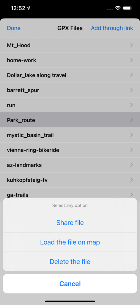 Gpx Viewer-Converter&Tracking - ルートのリストとファイルオプションメニューを表示するGPXファイル管理画面