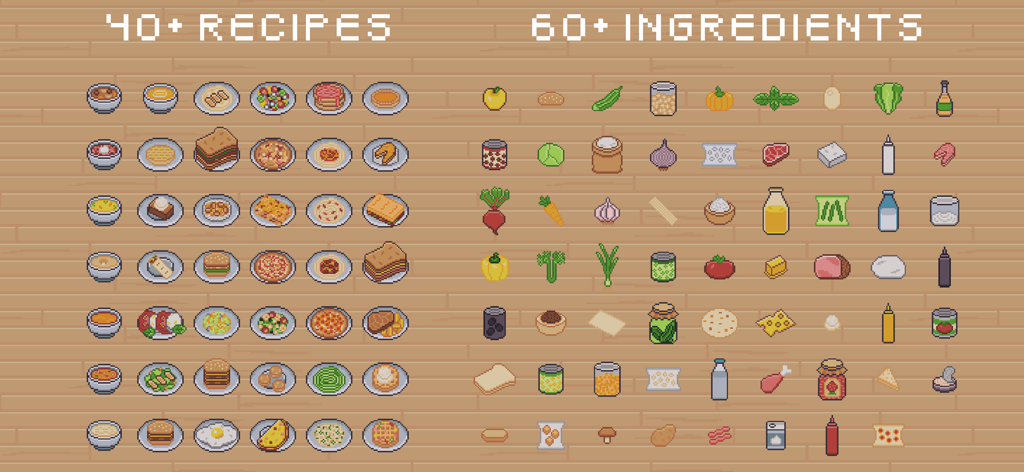 KitchenCraft: cooking business - Una colección de íconos de arte pixelado que muestran más de 40 recetas preparadas y 60 ingredientes crudos del juego de cocina KitchenCraft.