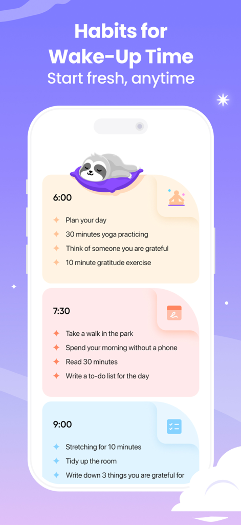 ADHD Coach & Planner - Sunrise - Uno screenshot dell'app mobile ADHD Coach & Planner Sunrise che mostra una routine mattutina di abitudini con compiti programmati per le 6:00, le 7:30 e le 9:00 con un simpatico bradipo addormentato.