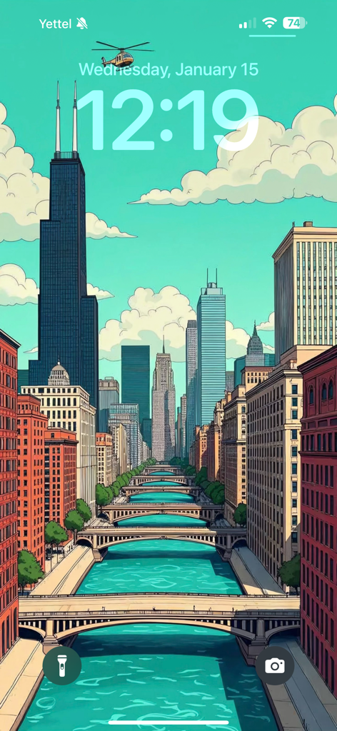 Wallpapers HD & 4K - Thematica - Pantalla de bloqueo del iPhone que muestra una ilustración detallada de una ciudad con puentes y rascacielos
