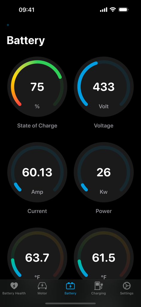 EVScanner app real-time battery dashboard displaying state of charge and voltage