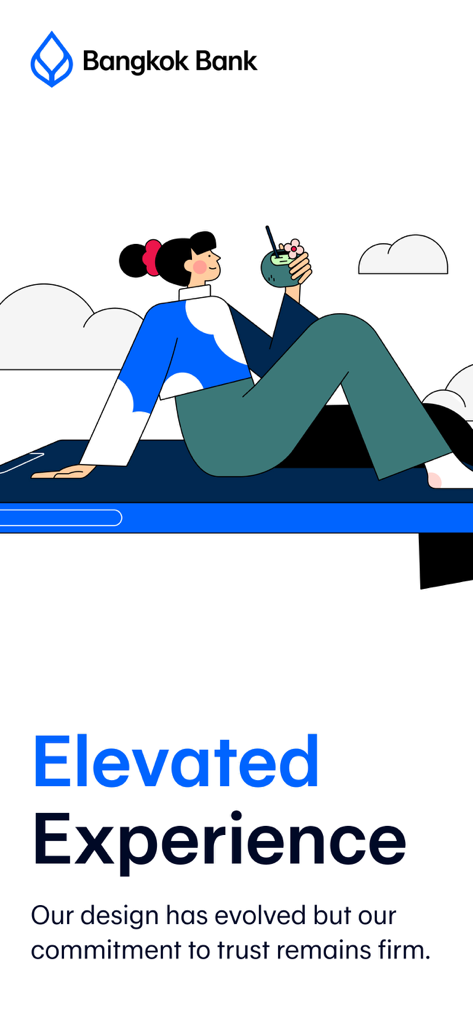 Eine Frau entspannt sich mit einem großen Smartphone, auf dem der Text "Elevated Experience" für das mobile Banking der Bangkok Bank steht.