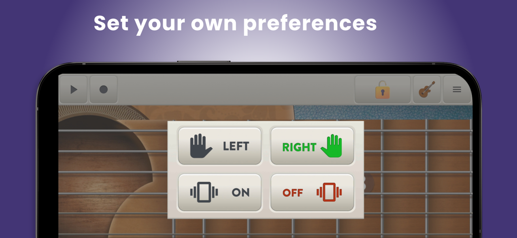 Configurações do aplicativo de guitarra virtual mostrando o modo para canhotos ou destros e a alternância de vibração