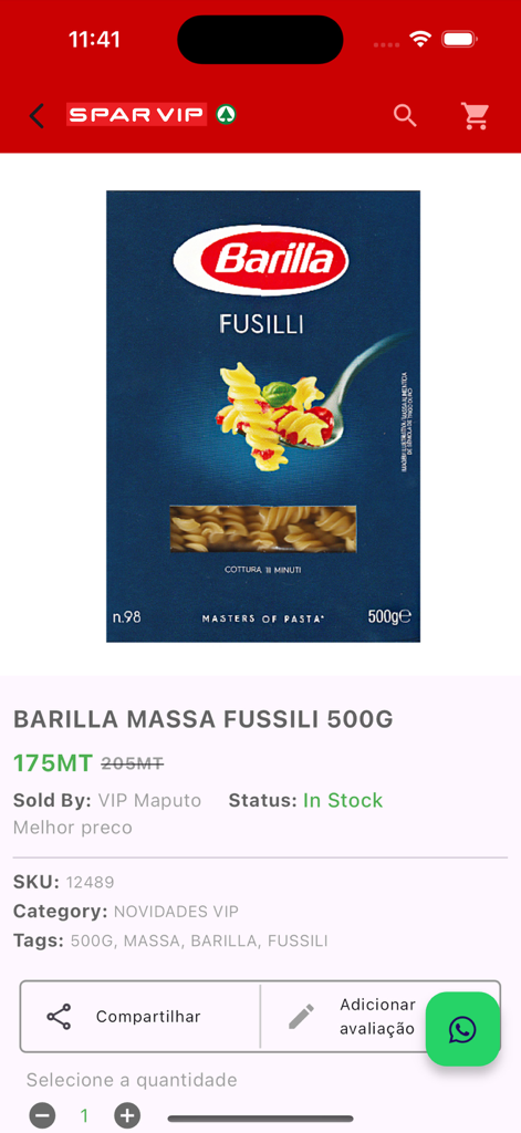 SPAR VIP - Product page for Barilla Fusilli pasta on the SPAR VIP mobile app showing price and stock information in Maputo