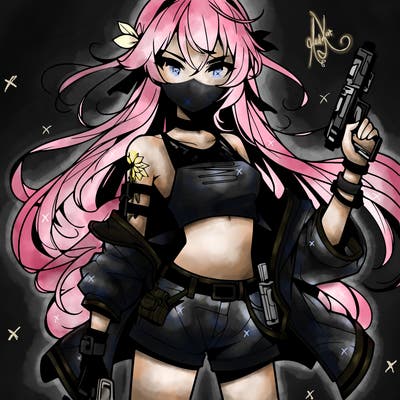 bad girl wearing crop top holding a gun long hair anime