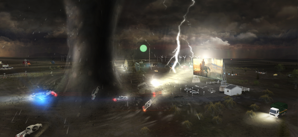Tornado Alley - Rampage - A massive tornado destroying buildings and cars during a lightning storm at night.