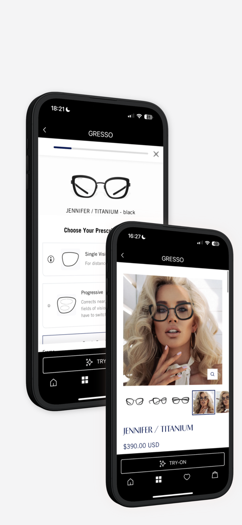 GRESSO | Titanium Eyewear - GRESSO mobile app displaying virtual try on feature and prescription lens options for titanium glasses