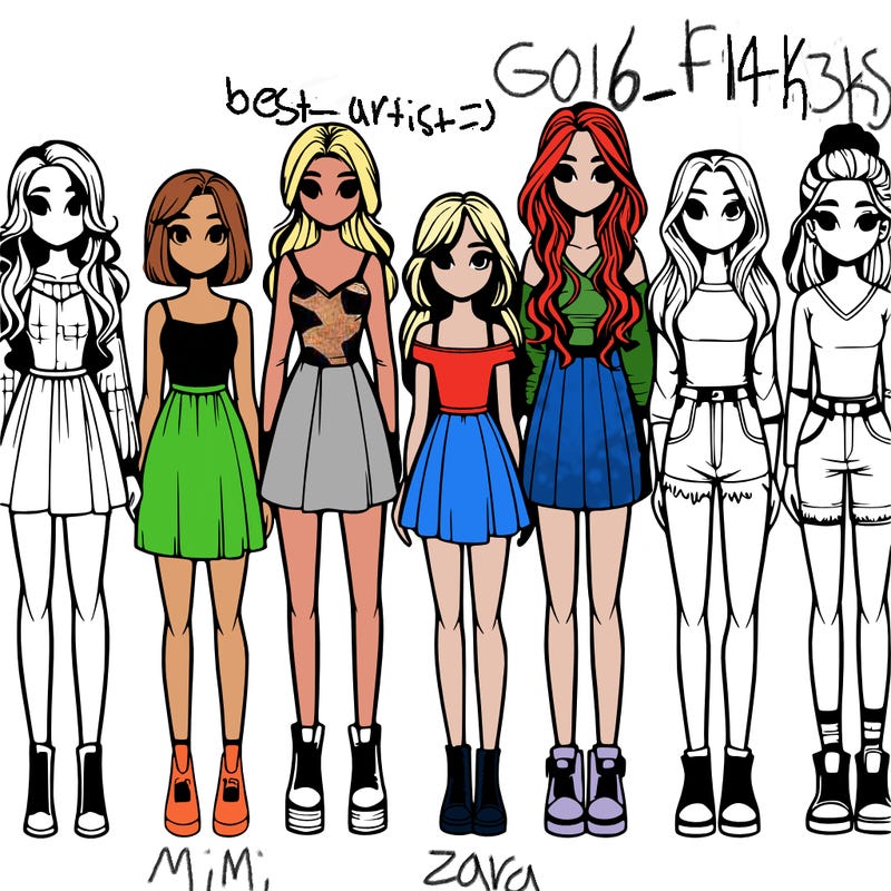 seven realistic girls standing up next to each other