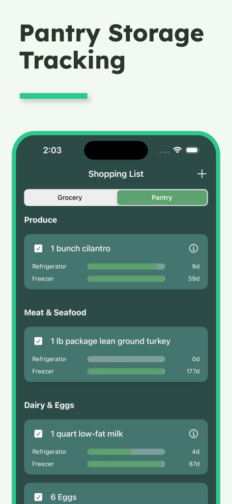 PlateMate AI - PlateMate AI app interface showing pantry storage tracking and food freshness levels