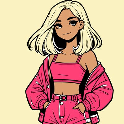 a realistic girl with a crop top and short shorts in an open jacket