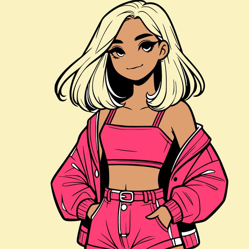 a realistic girl with a crop top and short shorts in an open jacket