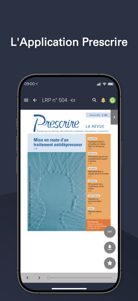 Application Prescrire - Mobiltelefon, das die Benutzeroberfläche des medizinischen Journals von Prescrire mit einem Artikel über Antidepressiva-Behandlung anzeigt