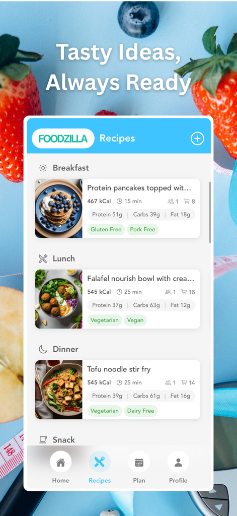Foodzilla! Nutrition Assistant - Foodzilla app recipes screen featuring meal ideas with calorie and macro nutrition details
