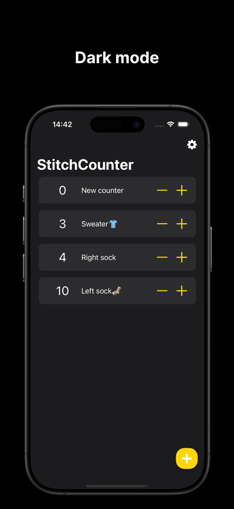 Stitch Counter App - Stitch Counter App interface in dark mode showing multiple row counters for knitting and crochet projects on an iPhone