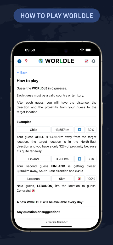 Worldle - Guess The Country! - Instruction screen for Worldle explaining how to guess countries using distance and direction hints.