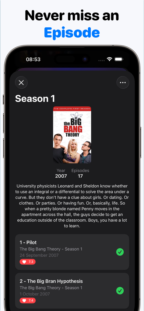 Movie Tracker: Watchlist - Pantalla del iPhone que muestra una lista de episodios de series y el estado de seguimiento con marcas de verificación de visto