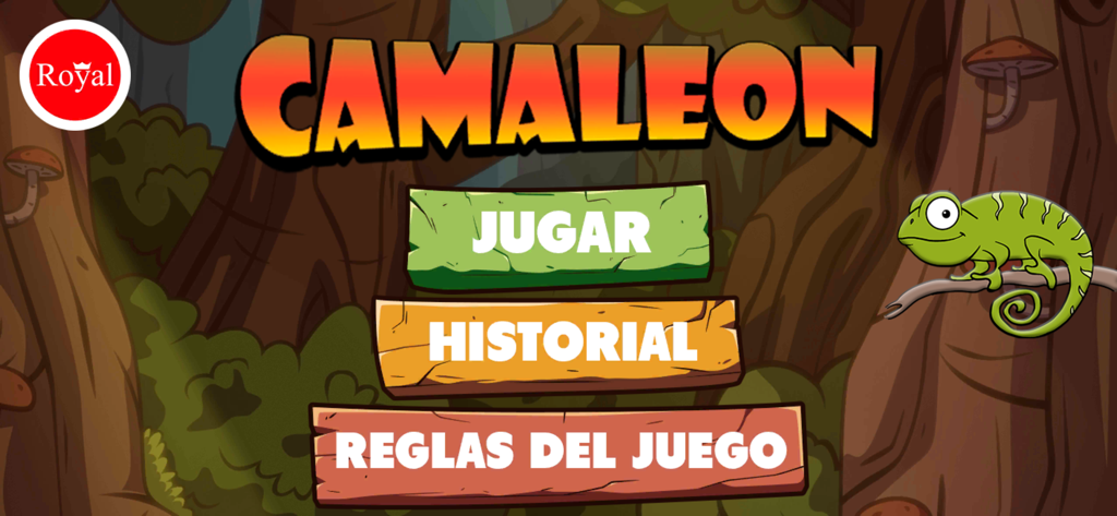 Camaleon App main menu screen with buttons for Play History and Game Rules in a jungle theme