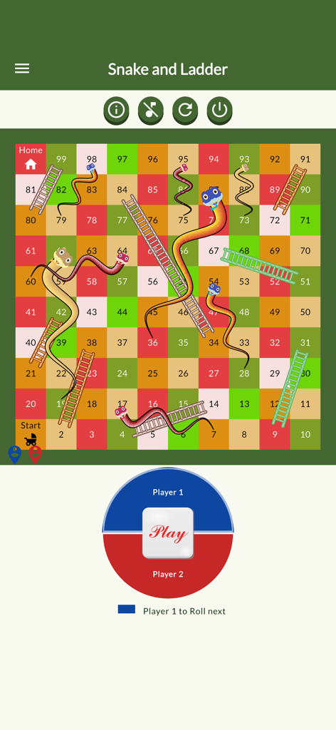 Snake and Ladder Adventures - Colorful game board for Snake and Ladder Adventures showing snakes and ladders with player controls