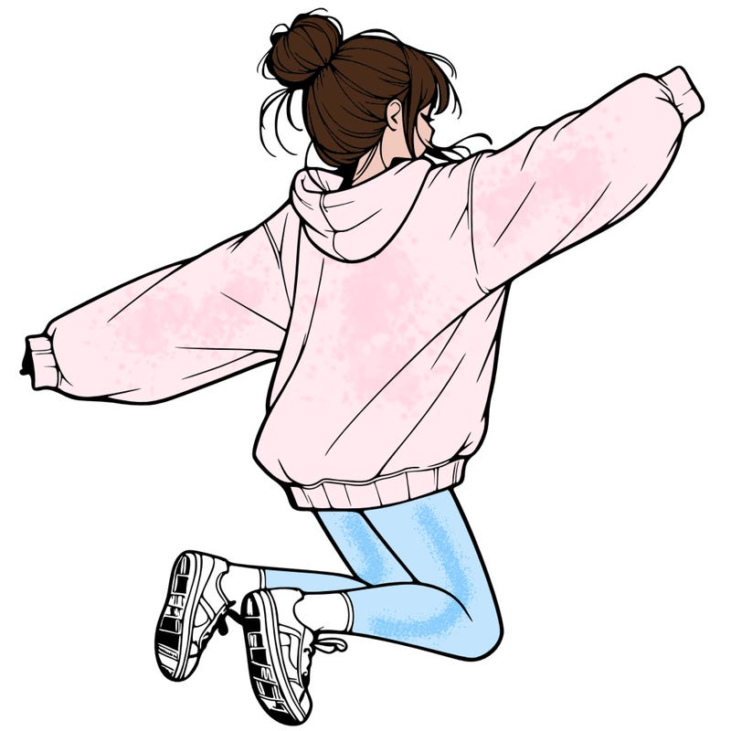 realistic girl jumping with a bun and oversized sweatshirt