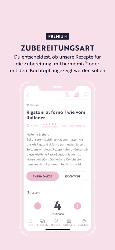 Bildschirm der food with love Rezept-App, der einen Schalter für Thermomix- oder Herdkochmethoden für ein Nudelrezept zeigt.