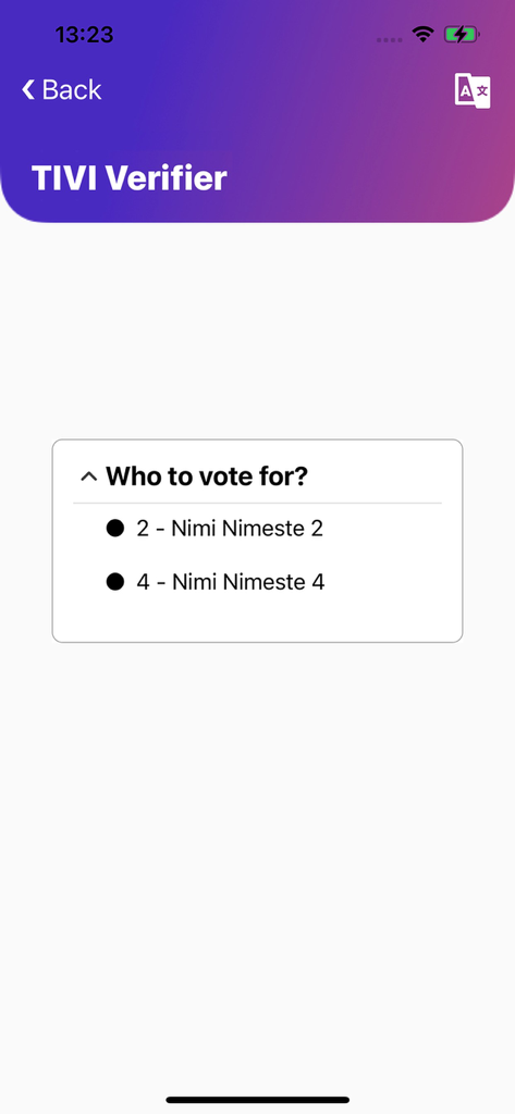 TIVI Verifier - Aplicativo móvel TIVI Verifier mostrando a lista de seleção de candidatos.