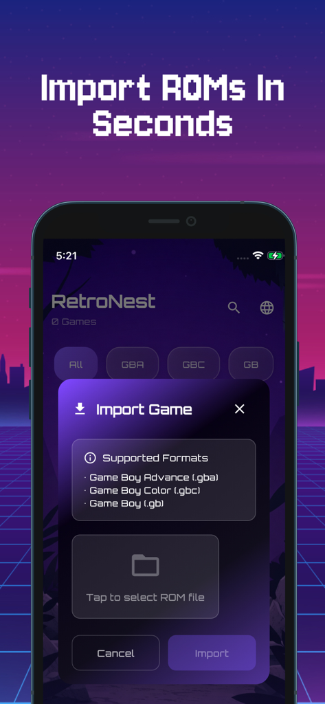 Import game screen on MyBoy GBA and SNES emulator with supported ROM formats