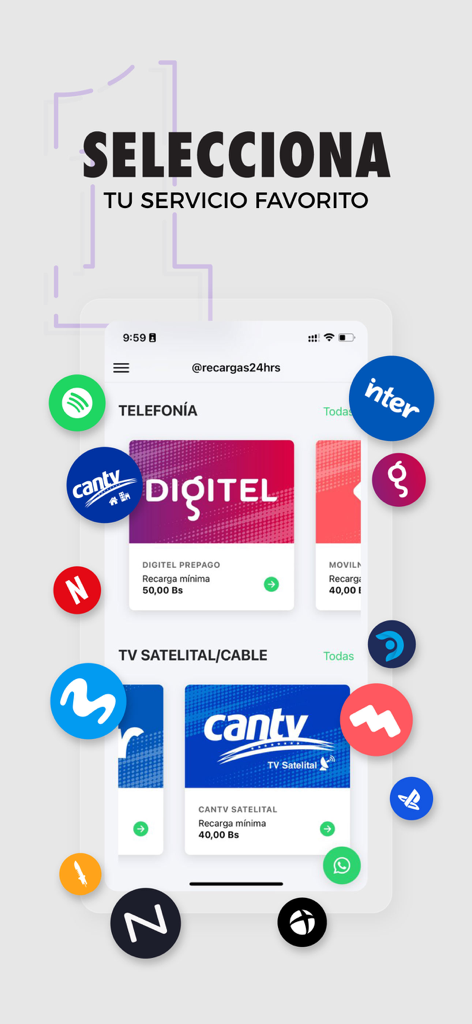Recargas24hrs - Pantalla de la app móvil Recargas24hrs mostrando varias opciones de servicios de telefonía y TV satelital para Venezuela