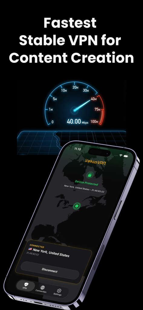 US VPN: VektaVPN - Interfaz de la app VektaVPN mostrando una prueba de velocidad rápida y una conexión segura a Nueva York para creadores de contenido