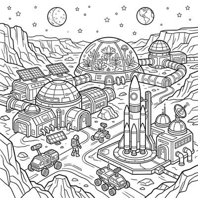 Embark on an epic space adventure with this dynamic Mars Colonies coloring page, specifically designed for teens. Discover a detailed futuristic settlement complete with advanced structures, vehicles, and brave astronauts awaiting your creative touch.