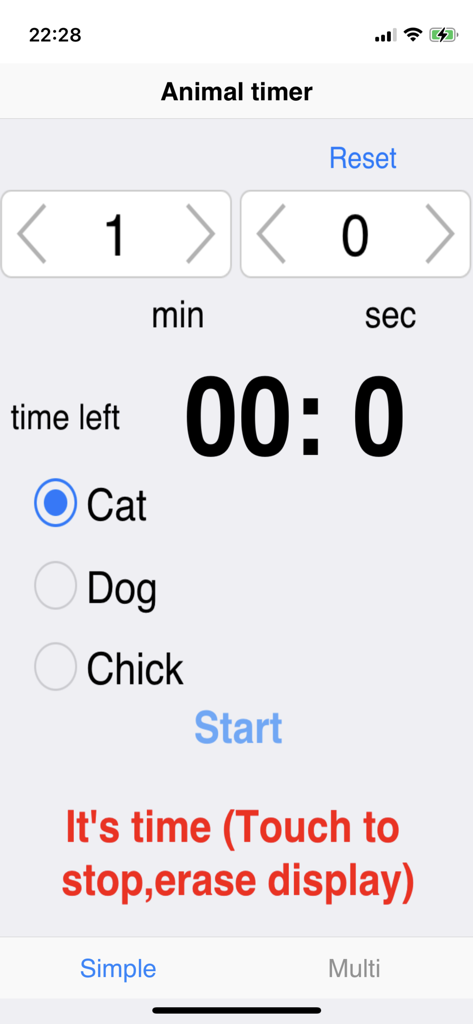 Animal Timer - Animal Timer mobile app interface with cat dog and chick sound options