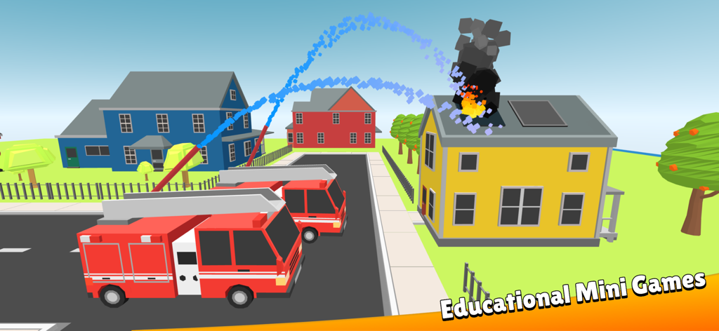 City Patrol: Rescue Vehicles - Two red fire trucks spraying water to extinguish a fire on a house roof in a 2.5D educational mini game.