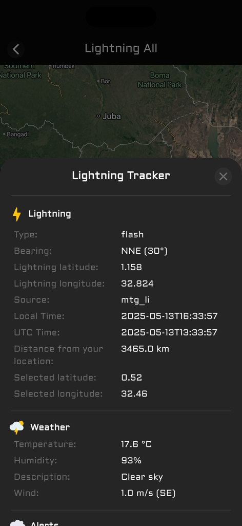 Lightning-Tracker-Oberfläche mit detaillierten Einschlagdaten und lokalen Wetterbedingungen