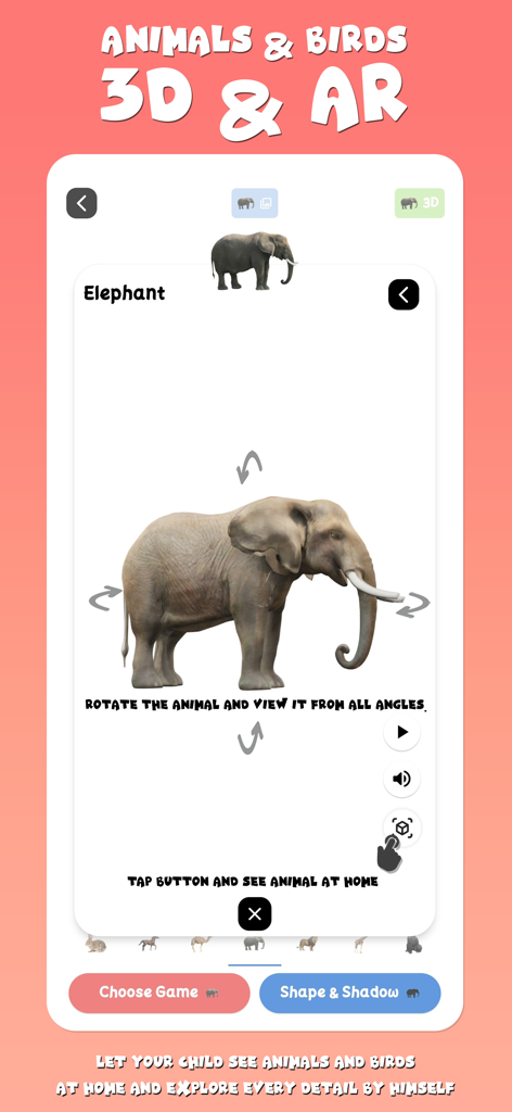 3D elephant model and AR feature for learning animal names in the My Words app
