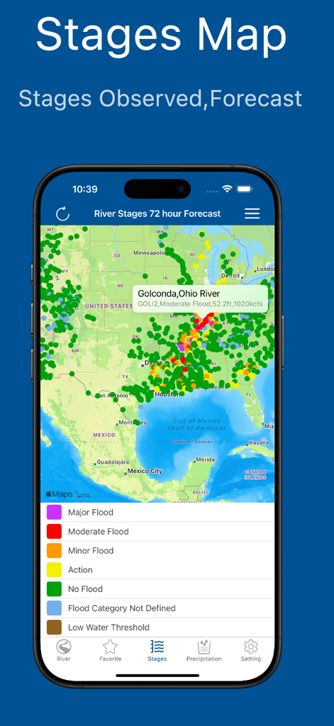 Vista de mapa de medidores de ríos en EE. UU. que muestra niveles de inundación y pronósticos