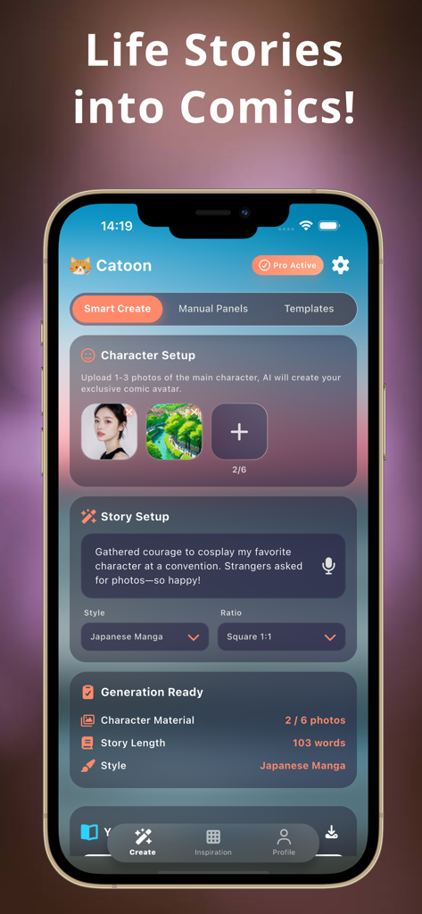 Catoon: AI Webtoon Comic Maker - The Catoon app creation screen showing character and story setup for generating a Japanese Manga style comic.