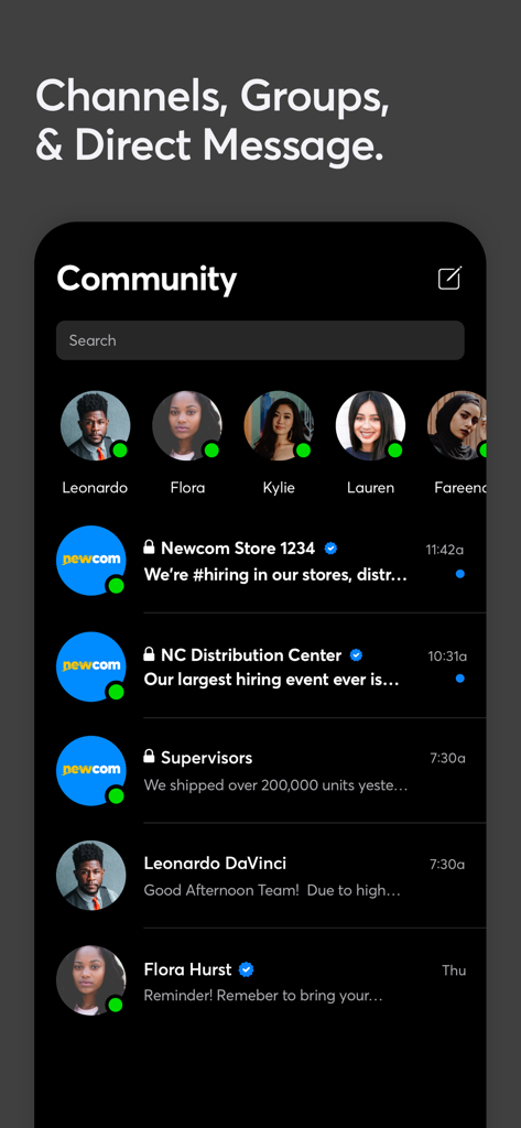 Shyft - Shift Swap, Schedule - Shyft Mobile App Community-Bildschirm zeigt Team-Kommunikationskanäle und Direktnachrichten an.